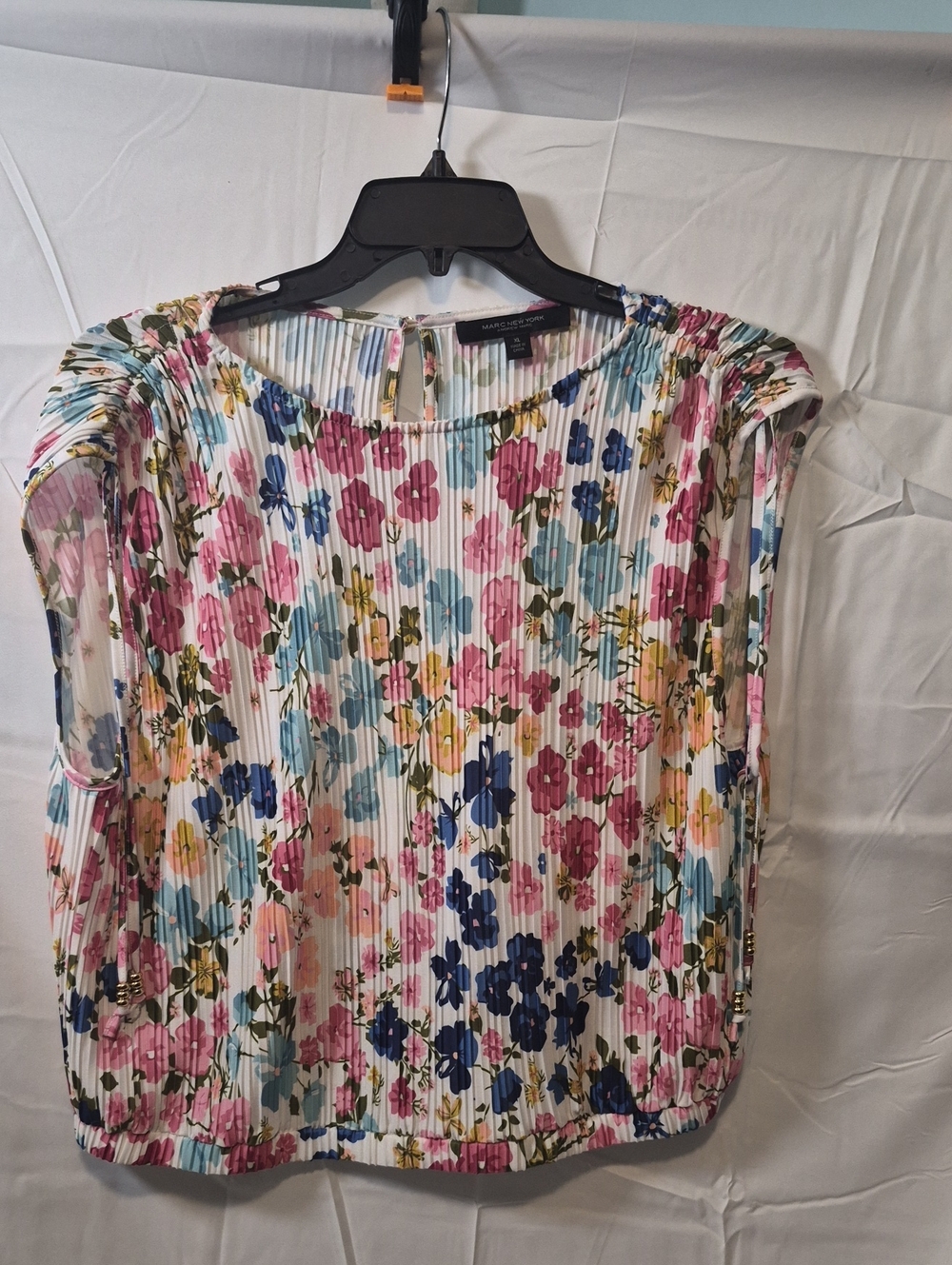 Marc New York White Pleated Floral Blouse with Pink Blue Yellow Accents